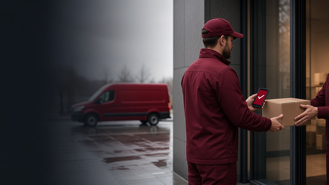 Courier completing a professional parcel handoff