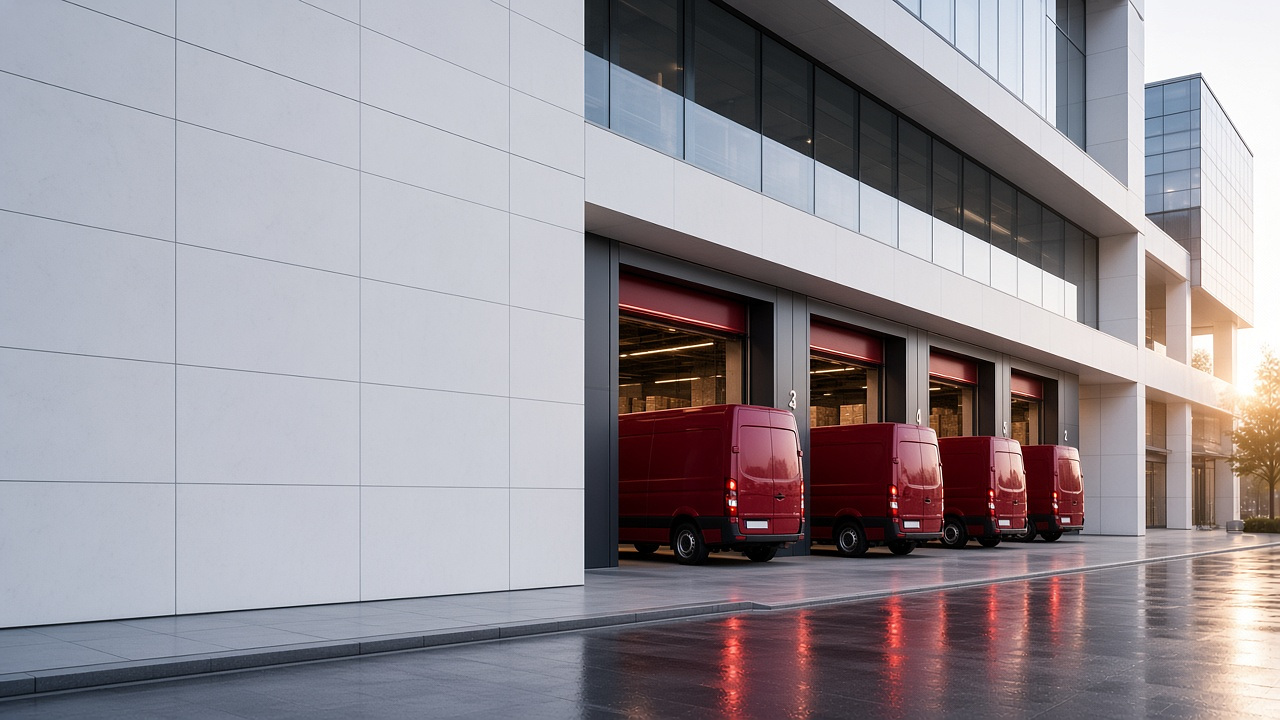 Electric delivery vans at an urban business entrance